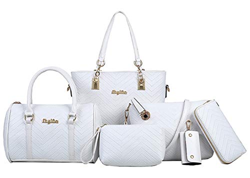 Women Handbags 6 Pcs Set PU Top Handle Purse Splicing Shoulder Crossbody Bag Tote Satchels Clutch Card Holder White