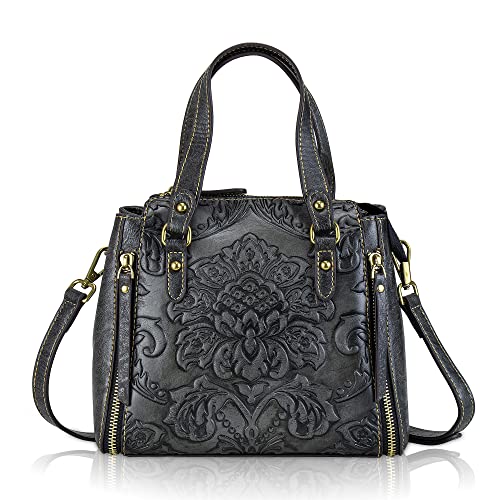 Purse and Handbags for Women Leather Shoulder Hand Bags Tote Handle Medium Satchel Vintage Embossing Rose (Black)