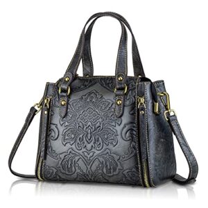 Purse and Handbags for Women Leather Shoulder Hand Bags Tote Handle Medium Satchel Vintage Embossing Rose (Black)