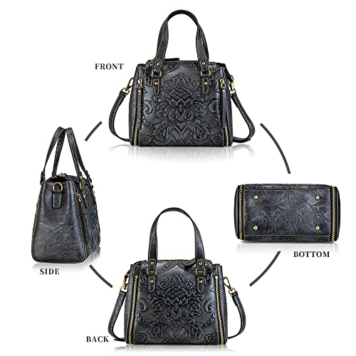 Purse and Handbags for Women Leather Shoulder Hand Bags Tote Handle Medium Satchel Vintage Embossing Rose (Black)