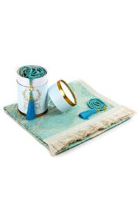 muslim prayer rug and prayer beads with elegant cylinder gift box | janamaz | sajadah | soft islamic prayer rug | islamic gifts set | prayer carpet mat, taffeta fabric, blue