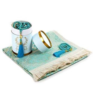 Muslim Prayer Rug and Prayer Beads with Elegant Cylinder Gift Box | Janamaz | Sajadah | Soft Islamic Prayer Rug | Islamic Gifts Set | Prayer Carpet Mat, Taffeta Fabric, Blue