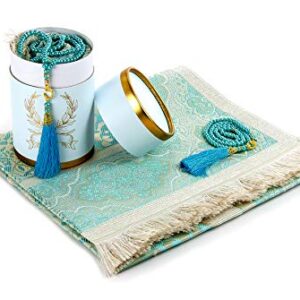 Muslim Prayer Rug and Prayer Beads with Elegant Cylinder Gift Box | Janamaz | Sajadah | Soft Islamic Prayer Rug | Islamic Gifts Set | Prayer Carpet Mat, Taffeta Fabric, Blue