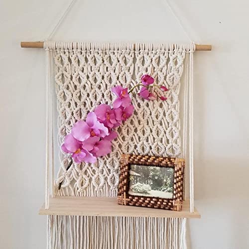 Sunshine Treasures Boho Chic Macrame Wall Hanging Floating Shelf. Colors: Natural White, Natural Wood; No Assembly Required