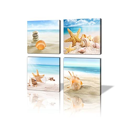 Cbaipy Ocean Wall Art, Bathroom Wall Art, Beach Wall Art Decor, Modern Canvas Wall Art Decorations for Bathroom Bedroom and Living Room (Starfish, 12" Wx12 Hx4pcs)