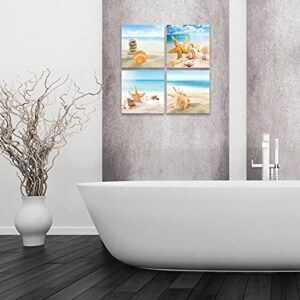 Cbaipy Ocean Wall Art, Bathroom Wall Art, Beach Wall Art Decor, Modern Canvas Wall Art Decorations for Bathroom Bedroom and Living Room (Starfish, 12" Wx12 Hx4pcs)