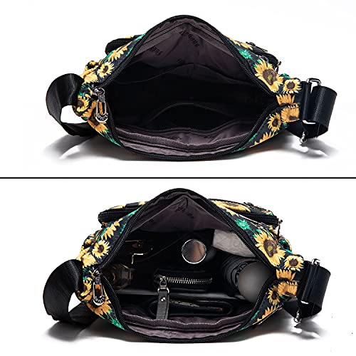 Nawoshow Nylon Floral Multi-Pocket Crossbody Purse Bags for Women Travel Shoulder Bag (Sun Flower)