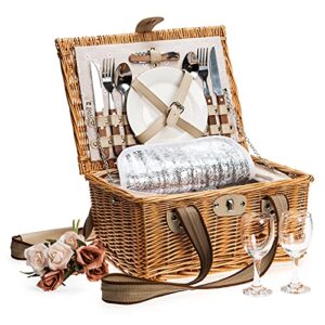 jolly home picnic basket set for 2 persons, willow picnic basket with insulated cooler & two woven canvas handles, handmade natural wicker hamper for outdoor picnic or camping. gift for every occasion