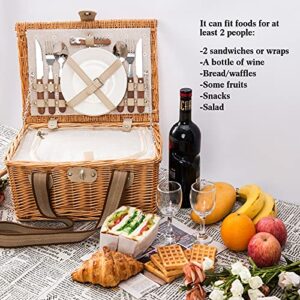 JOLLY HOME Picnic Basket Set For 2 Persons, Willow Picnic Basket With Insulated Cooler & Two Woven Canvas Handles, Handmade Natural Wicker Hamper For Outdoor Picnic Or Camping. Gift For Every Occasion