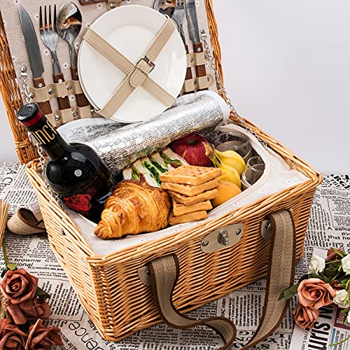 JOLLY HOME Picnic Basket Set For 2 Persons, Willow Picnic Basket With Insulated Cooler & Two Woven Canvas Handles, Handmade Natural Wicker Hamper For Outdoor Picnic Or Camping. Gift For Every Occasion