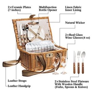 JOLLY HOME Picnic Basket Set For 2 Persons, Willow Picnic Basket With Insulated Cooler & Two Woven Canvas Handles, Handmade Natural Wicker Hamper For Outdoor Picnic Or Camping. Gift For Every Occasion