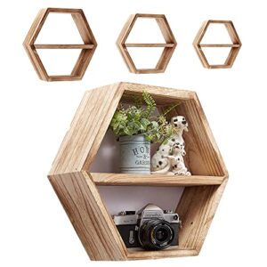 izb home hexagon shelves honeycomb shelves – hexagon floating shelves set of 3 hexagon shelf, 3 movable mid plates included – natural wood color