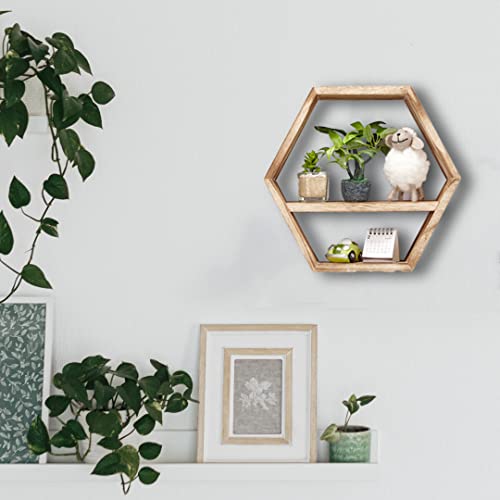 IZB HOME Hexagon Shelves Honeycomb Shelves - Hexagon Floating Shelves Set of 3 Hexagon Shelf, 3 Movable Mid Plates Included - Natural Wood Color