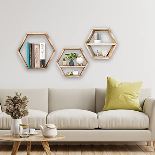 IZB HOME Hexagon Shelves Honeycomb Shelves - Hexagon Floating Shelves Set of 3 Hexagon Shelf, 3 Movable Mid Plates Included - Natural Wood Color