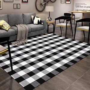 hoyija buffalo plaid outdoor rug 5 ‘x 7’ black and white checkered rug,cotton hand-woven indoor or outdoor check large area rugs, washable rugs for living rooms/dining room/bedroom/farmhouse (5＇×7＇)