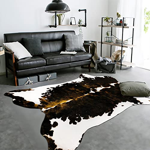 HOMORE Cowhide Rug, Cute Cow Print Rug for Living Room Faux Cow Hide Animal Print Carpet for Bedroom Office Table, 4.6 x 5.2 Feet, Gray-Brown