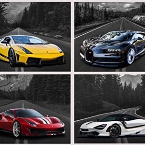 Car Poster Lamborghini Mclaren Ferrari Bugatti Sports Posters Car Wall Art Supercar Decor for Boys Room Bedroom Set of 4 Unframed (8x10 In) Black and White Highway Supercars Pictures