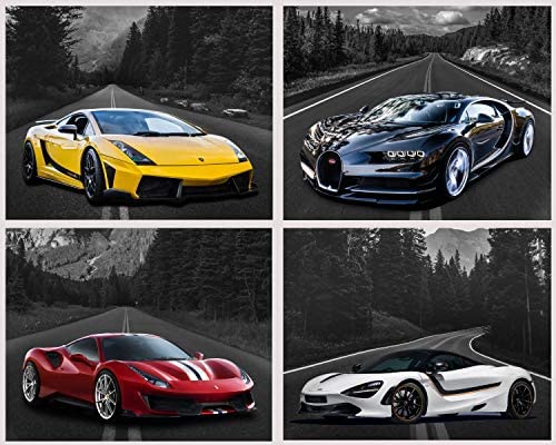 Car Poster Lamborghini Mclaren Ferrari Bugatti Sports Posters Car Wall Art Supercar Decor for Boys Room Bedroom Set of 4 Unframed (8x10 In) Black and White Highway Supercars Pictures