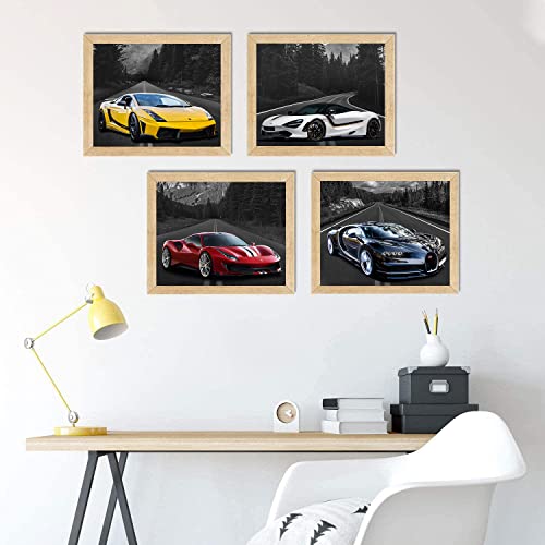 Car Poster Lamborghini Mclaren Ferrari Bugatti Sports Posters Car Wall Art Supercar Decor for Boys Room Bedroom Set of 4 Unframed (8x10 In) Black and White Highway Supercars Pictures