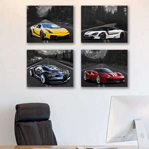 Car Poster Lamborghini Mclaren Ferrari Bugatti Sports Posters Car Wall Art Supercar Decor for Boys Room Bedroom Set of 4 Unframed (8x10 In) Black and White Highway Supercars Pictures
