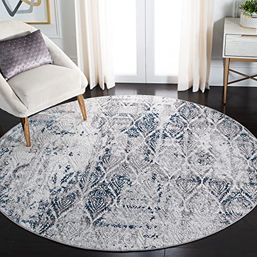 SAFAVIEH Amelia Collection 6'7" Round Grey/Blue ALA279F Damask Distressed Non-Shedding Dining Room Entryway Foyer Living Room Bedroom Area Rug