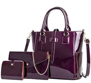ziming women handbags and purses set patent leather satchel top handle handbag chain shoulder crossbody bags wallet card holder 3 pcs set-purple