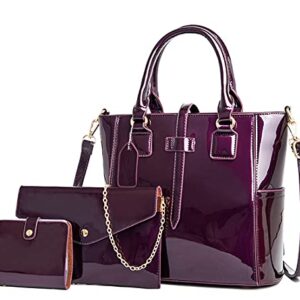 ZiMing Women Handbags and Purses Set Patent Leather Satchel Top Handle Handbag Chain Shoulder Crossbody Bags Wallet Card Holder 3 Pcs Set-Purple