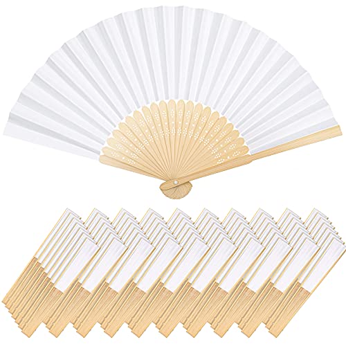 70 Pieces White Paper Hand Fan Bamboo Folding Fan DIY Paper Fan Bamboo Paper Wooden Fan Foldable Wedding Fan for Dancing Photo Props Wall Decoration Wedding Accessories