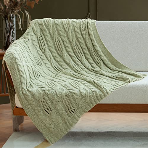 Amélie Home Sage Green Cable Knit Wool Throw Blankets Soft Cozy and Lightweight for Couch Sofa Bedroom, Suitable for Spring Summer, 50'' x 60''