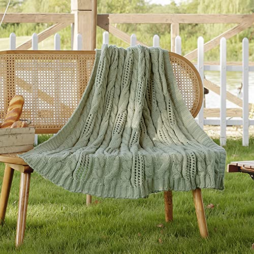 Amélie Home Sage Green Cable Knit Wool Throw Blankets Soft Cozy and Lightweight for Couch Sofa Bedroom, Suitable for Spring Summer, 50'' x 60''