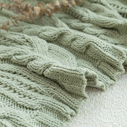 Amélie Home Sage Green Cable Knit Wool Throw Blankets Soft Cozy and Lightweight for Couch Sofa Bedroom, Suitable for Spring Summer, 50'' x 60''