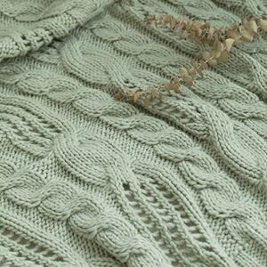 Amélie Home Sage Green Cable Knit Wool Throw Blankets Soft Cozy and Lightweight for Couch Sofa Bedroom, Suitable for Spring Summer, 50'' x 60''