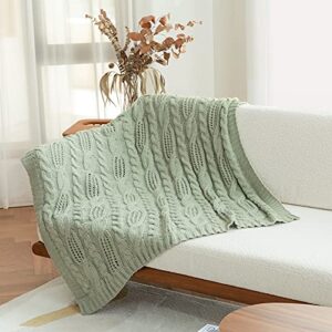 Amélie Home Sage Green Cable Knit Wool Throw Blankets Soft Cozy and Lightweight for Couch Sofa Bedroom, Suitable for Spring Summer, 50'' x 60''