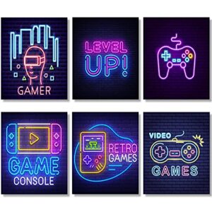spakon 6 pieces video game art print colorful gaming themed canvas wall art neon gaming posters 8×10 inch video game wall art gaming artwork for kids boy wall decor teens bedroom game room decor