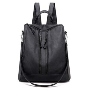 poopy women multifunctional soft leather handbag purses shoulder backpack crossbody zipper bag with pocket (black)