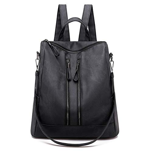 Poopy Women Multifunctional Soft Leather Handbag Purses Shoulder Backpack Crossbody Zipper Bag with Pocket (black)