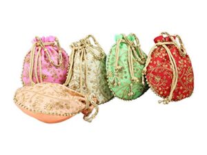 goldgiftideas gold handcrafted embroidered dupion silk potli bags for women, potli pouches for return gifts, fancy bridal potli purse for wedding, shagun potlis (set of 5)
