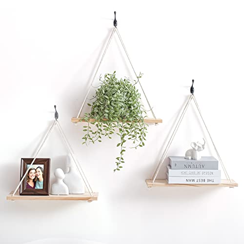 Titanape Macrame Hanging Shelves [Set of 3] Swing Rope Plant Shelf, 100% Natural Wooden Wall Shelves for Nursery Children Room Decor, Boho Shelf for Bedroom Bathroom Dorm Apartment Wall Decor