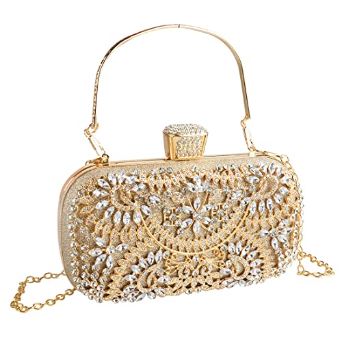 Gold Clutch Purses for Women Evening, Diamond Wedding Clutch Crossbody Shoulder Bag with Crystal, Sequin Formal Flower Rhinestone Handbag for Party Bridal Prom