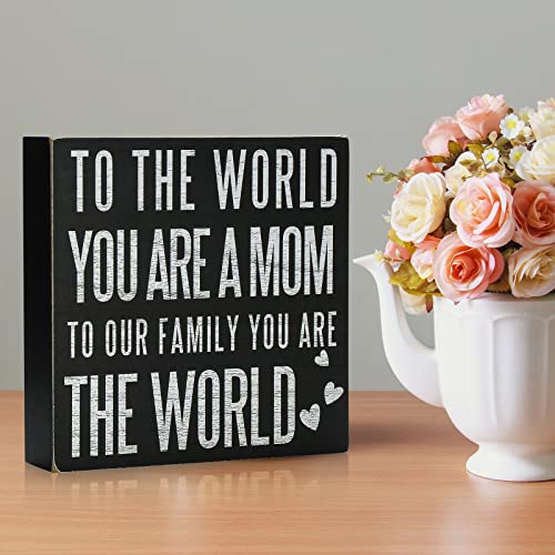 TJ.MOREE Birthday Gifts for Mom, Christmas Gift for Mother 6x6 Wood Box Sign “To the World You Are a Mom, But to Our Family You Are the World” Rustic Home Décor – Mother’s Day Gifts from Son, Daughter (World)