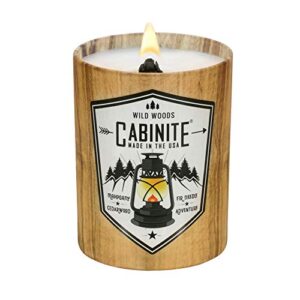 cabinite log cabin collection, wild woods scented candle. eco-friendly candle made with coconut/apricot wax. over 55+ hour burn time. handmade in the usa.