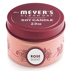 mrs. meyer’s soy tin candle, 12 hour burn time, made with soy wax and essential oils, rose, 2.9 oz