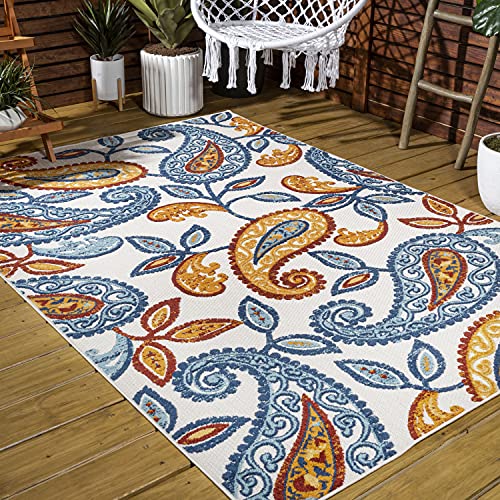 JONATHAN Y AMC102B-5 Julien Paisley High-Low Indoor Outdoor Area-Rug Bohemian Floral Easy-Cleaning High Traffic Bedroom Kitchen Backyard Patio Porch Non Shedding, 5 X 8, Orange/Blue