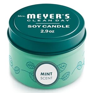 mrs. meyer’s scented soy tin candle, 12 hour burn time, made with soy wax and essential oils, mint, 2.9 oz
