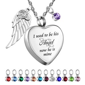 Dletay Heart Cremation Necklace for Ashes Angel Wing Urn Necklace with 12 PCS Birthstones-I Used to be His Angel, Now He is Mine