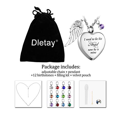 Dletay Heart Cremation Necklace for Ashes Angel Wing Urn Necklace with 12 PCS Birthstones-I Used to be His Angel, Now He is Mine