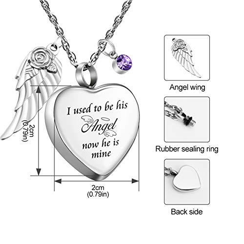 Dletay Heart Cremation Necklace for Ashes Angel Wing Urn Necklace with 12 PCS Birthstones-I Used to be His Angel, Now He is Mine