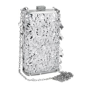 silver clutch purses for women evening, sequins rhinestone beaded bags with removable silver chain, glitter crossbody handbag for wedding party cocktail bridal prom