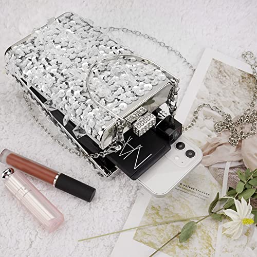 Silver Clutch Purses for Women Evening, Sequins Rhinestone Beaded Bags with Removable Silver Chain, Glitter Crossbody Handbag for Wedding Party Cocktail Bridal Prom