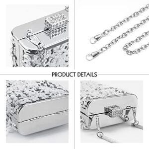 Silver Clutch Purses for Women Evening, Sequins Rhinestone Beaded Bags with Removable Silver Chain, Glitter Crossbody Handbag for Wedding Party Cocktail Bridal Prom